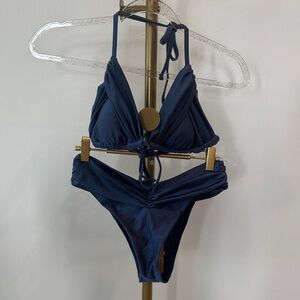 Adjustable Navy Ruched Halter Bikini Set